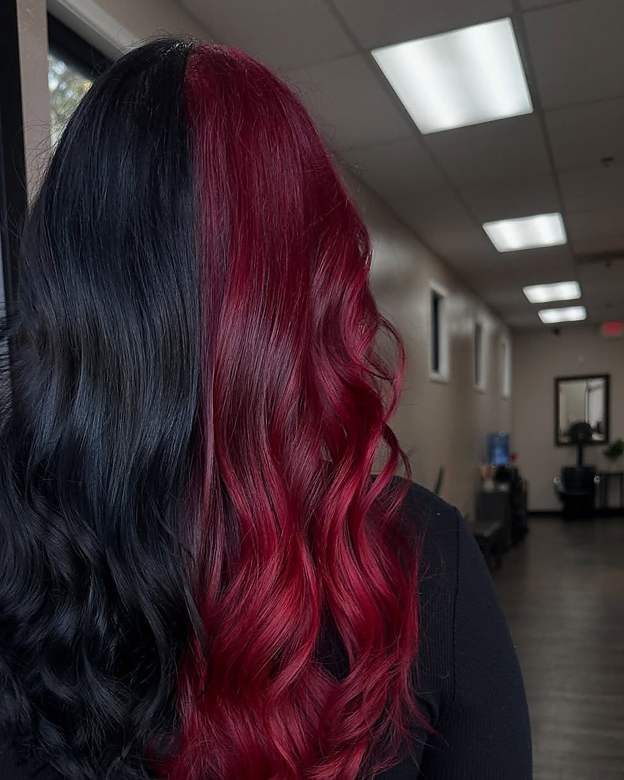 A side for each personality — split dye — jet black on one side, crimson on the other
