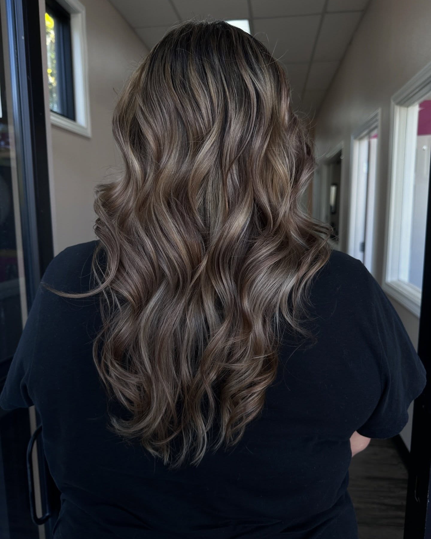Teasy balayage — hand-painted dimensional balayage, toned and waved